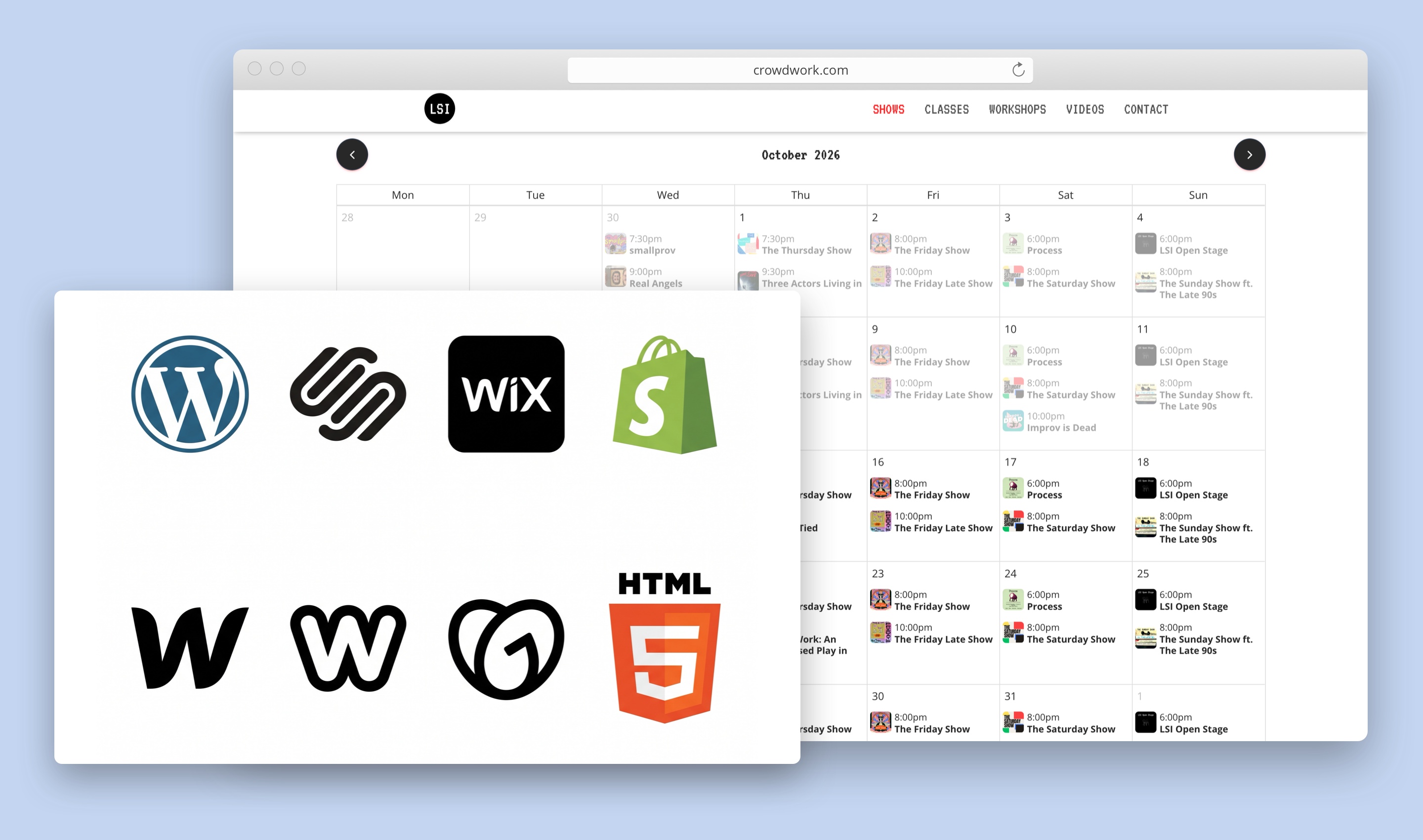 A calendar and a list of hosting logos