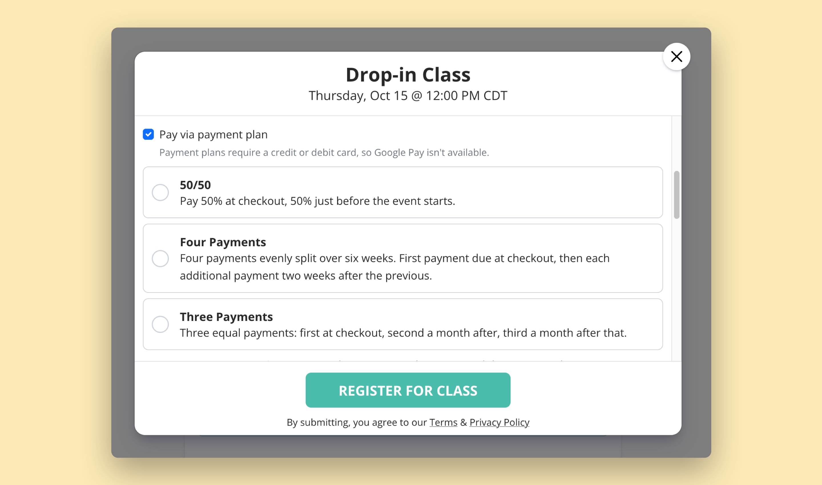 A payment plan selection